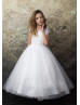 Pearl Neck White Satin Glitter Tulle Flower Girl Dress